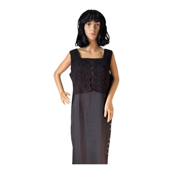 Vintage Cali Cali black Linen Crochet Sleeveless Maxi Dress button size 14 P - Picture 3 of 13